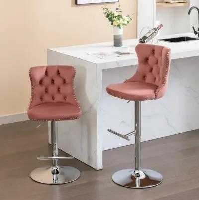 Modern Pink Velvet Swivel Barstools, Set of 2