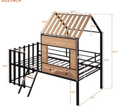 Metal Twin Size Loft Bed With Roof, Window, Guardrail, Ladder