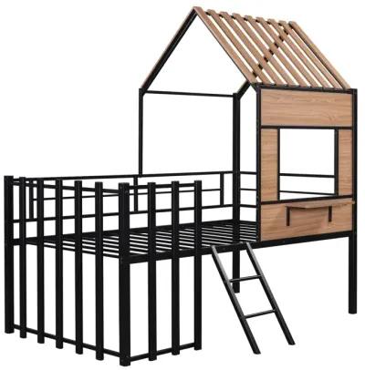 Metal Twin Size Loft Bed With Roof, Window, Guardrail, Ladder