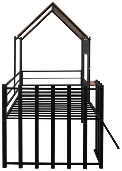 Metal Twin Size Loft Bed With Roof, Window, Guardrail, Ladder