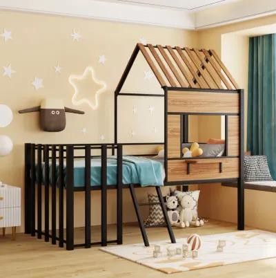 Metal Twin Size Loft Bed With Roof, Window, Guardrail, Ladder