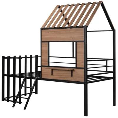 Metal Twin Size Loft Bed With Roof, Window, Guardrail, Ladder