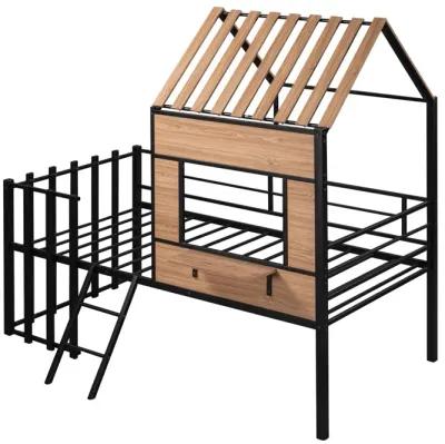 Metal Twin Size Loft Bed With Roof, Window, Guardrail, Ladder