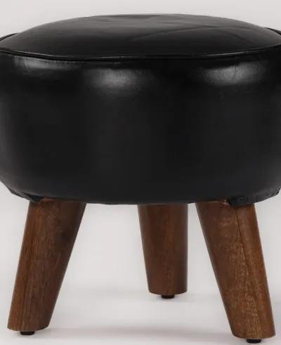 Handmade Eco-Friendly Geometric Buffalo Leather & Wood Black Round Ottomon Stool 14"x14"x14" From BBH Homes