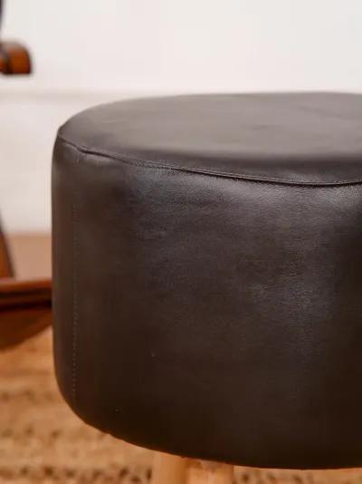 Handmade Eco-Friendly Geometric Buffalo Leather & Wood Black Round Ottomon Stool 14"x14"x14" From BBH Homes