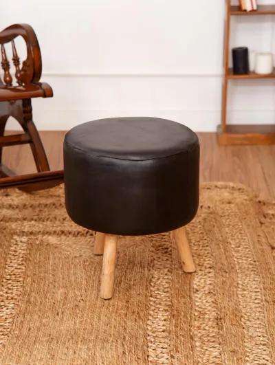 Handmade Eco-Friendly Geometric Buffalo Leather & Wood Black Round Ottomon Stool 14"x14"x14" From BBH Homes