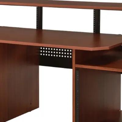 71 Inch Wood Music Desk Studio Workstation, 3 Shelves, Cherry Brown-Benzara