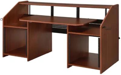 71 Inch Wood Music Desk Studio Workstation, 3 Shelves, Cherry Brown-Benzara