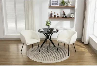 Set Of 2 Boucle Fabric Dining Chairs With Black Metal Legs, Ivory