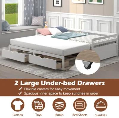 Extendable Twin to King Daybed with Trundle and 2 Storage Drawers