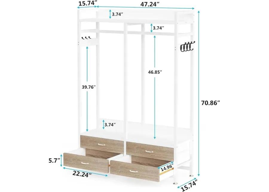 Freestanding White Oak Garment Rack Clothes Hanging Rod with 4 Storage Drawers