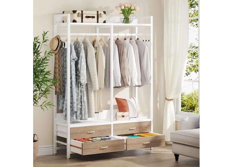 Freestanding White Oak Garment Rack Clothes Hanging Rod with 4 Storage Drawers