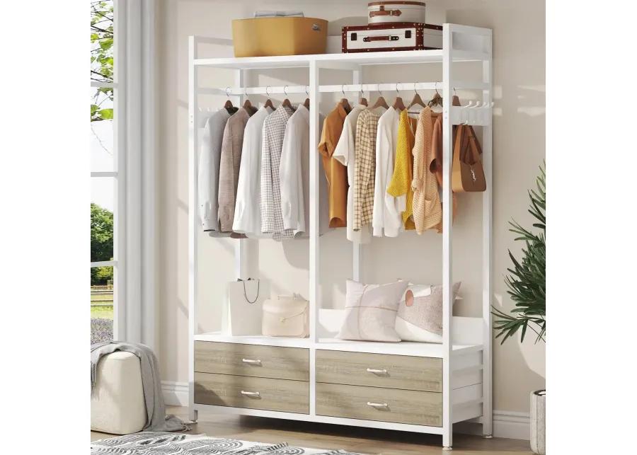 Freestanding White Oak Garment Rack Clothes Hanging Rod with 4 Storage Drawers