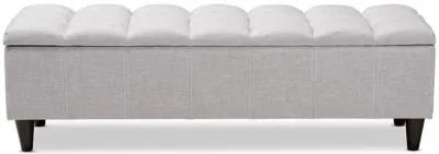 Grayish Beige Fabric Upholstered Dark Brown Finished Wood Storage Bench Ottoman