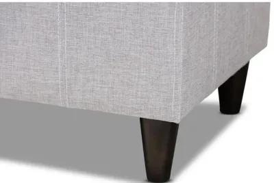 Grayish Beige Fabric Upholstered Dark Brown Finished Wood Storage Bench Ottoman