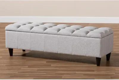 Grayish Beige Fabric Upholstered Dark Brown Finished Wood Storage Bench Ottoman