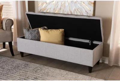 Grayish Beige Fabric Upholstered Dark Brown Finished Wood Storage Bench Ottoman