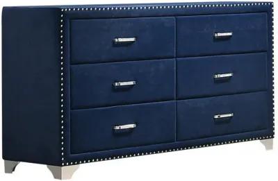 Cale 60 Inch Modern Glam Wood Dresser, 6 Drawer, Velvet, Nailhead, Blue