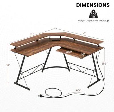 L-shaped Computer Desk with Power Outlet and Monitor Stand