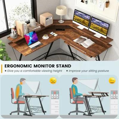 L-shaped Computer Desk with Power Outlet and Monitor Stand