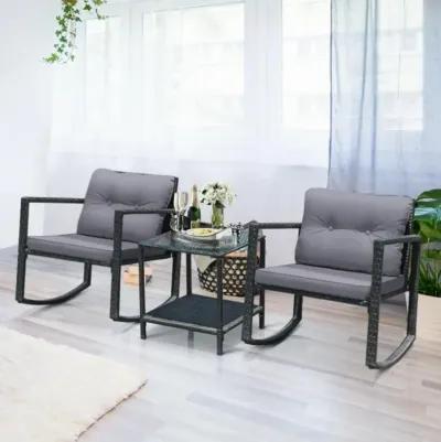 Hivvago 3 Pieces Cushioned Patio Rattan Set with Rocking Chair and Table