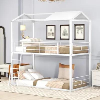 Twin Over Twin Bunk Bed Metal Bed With Half Roof, Guardrail And Ladder