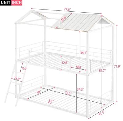 Twin Over Twin Bunk Bed Metal Bed With Half Roof, Guardrail And Ladder