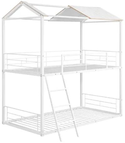 Twin Over Twin Bunk Bed Metal Bed With Half Roof, Guardrail And Ladder