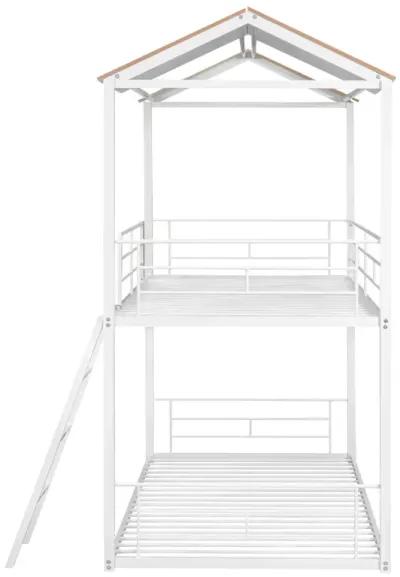 Twin Over Twin Bunk Bed Metal Bed With Half Roof, Guardrail And Ladder