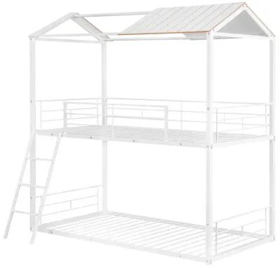 Twin Over Twin Bunk Bed Metal Bed With Half Roof, Guardrail And Ladder