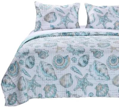 QuikFurn Full / Queen Coastal Seashells White Teal 3 Piece Polyester Reversible Quilt Set