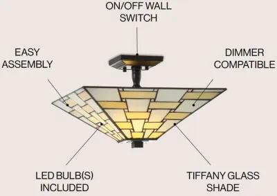 Jason 15.7" Tiffany-Style Glass/Metal LED Semi-Flush Mount, White/Cream