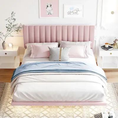 Queen Size Upholstered Bed With Sensor Light And Headboard, Floating Velvet Platform Bed, Pink