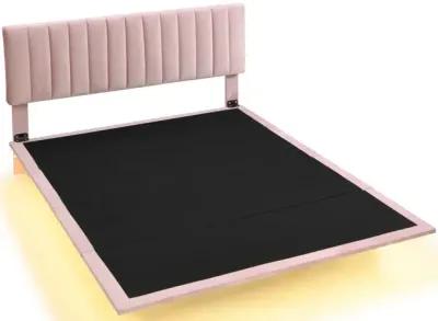 Queen Size Upholstered Bed With Sensor Light And Headboard, Floating Velvet Platform Bed, Pink