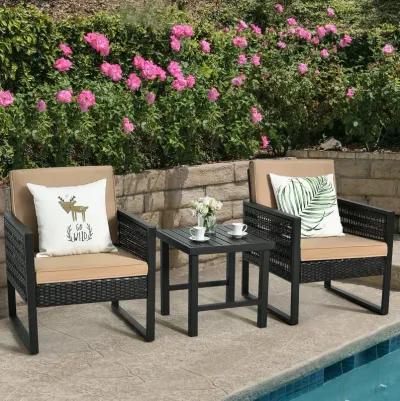 3 Pieces Patio Rattan Bistro Cushioned Furniture Set