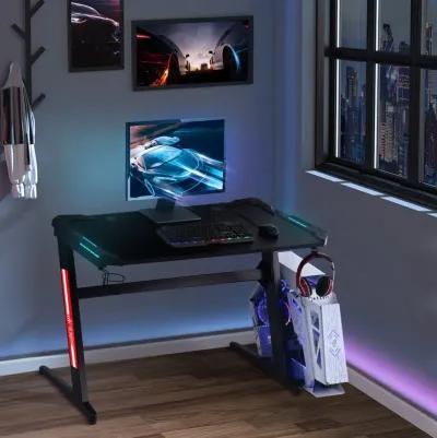 Black Gamer's Desk: Z-Shaped with Corner Cover and Cup Holder