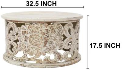 Alina Coffee Table Handcrafted Mango Wood Floral Carved Cut Out Design Distressed White Finish 33 Inch - Benzara