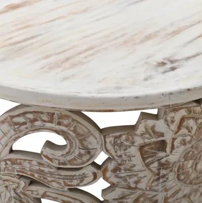 Alina Coffee Table Handcrafted Mango Wood Floral Carved Cut Out Design Distressed White Finish 33 Inch - Benzara