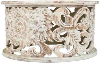 Alina Coffee Table Handcrafted Mango Wood Floral Carved Cut Out Design Distressed White Finish 33 Inch - Benzara