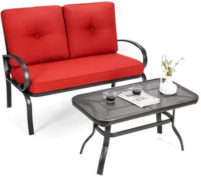 2 Pieces Patio Outdoor Cushioned Coffee Table Seat-Red