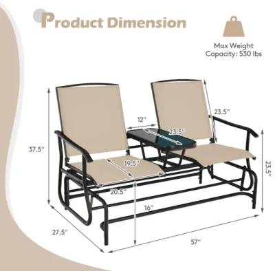 Hivvago 2-Person Double Rocking Loveseat with Mesh Fabric and Center Tempered Glass Table