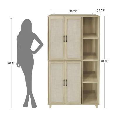 MONDAWE 4 Door Cabinet with 4 Adjustable Inner Shelves, Tall Engineered Rattan Storage Cabinet