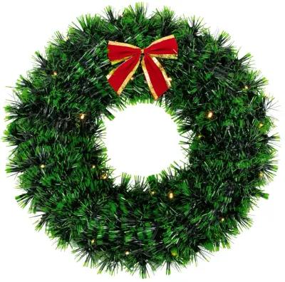 17-Inch Pre-Lit Green Tinsel Artificial Christmas Wreath with Bow - Clear LED Lights