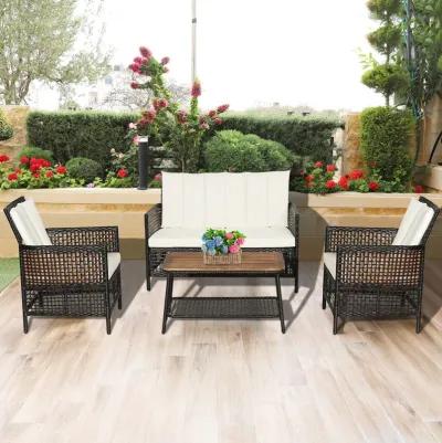 4 Pieces Patio Rattan Furniture Set with 2-Tier Coffee Table