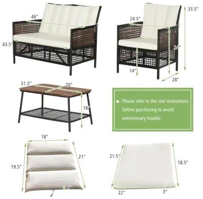 4 Pieces Patio Rattan Furniture Set with 2-Tier Coffee Table