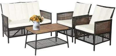 4 Pieces Patio Rattan Furniture Set with 2-Tier Coffee Table