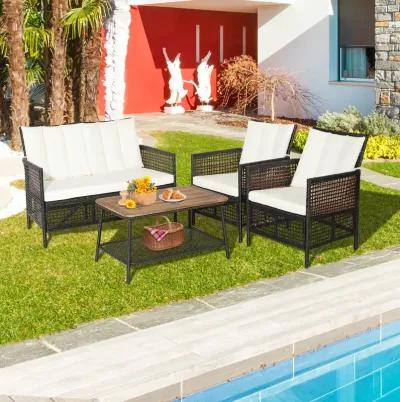 4 Pieces Patio Rattan Furniture Set with 2-Tier Coffee Table