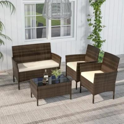 Hivvago 4 Piece Patio Rattan Conversation Set with Cozy Seat Cushions