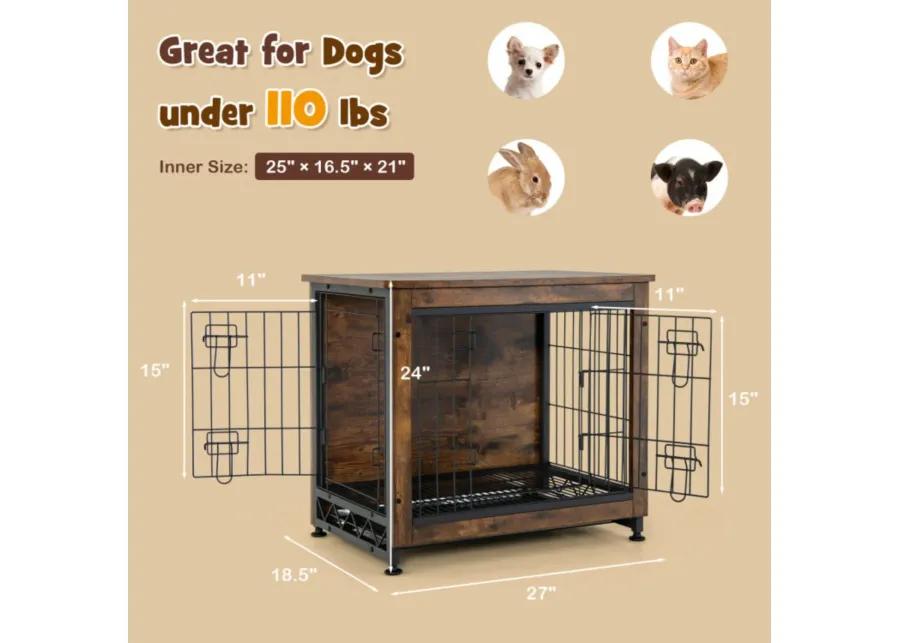 Wooden Dog Crate Furniture with Tray and Double Door