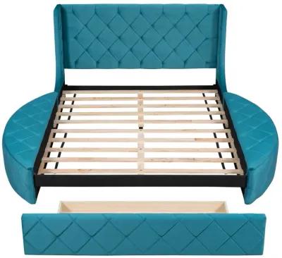 Upholstered Platform Bed Queen Size Storage Velvet Bed With Wingback Headboard And 1 Drawer